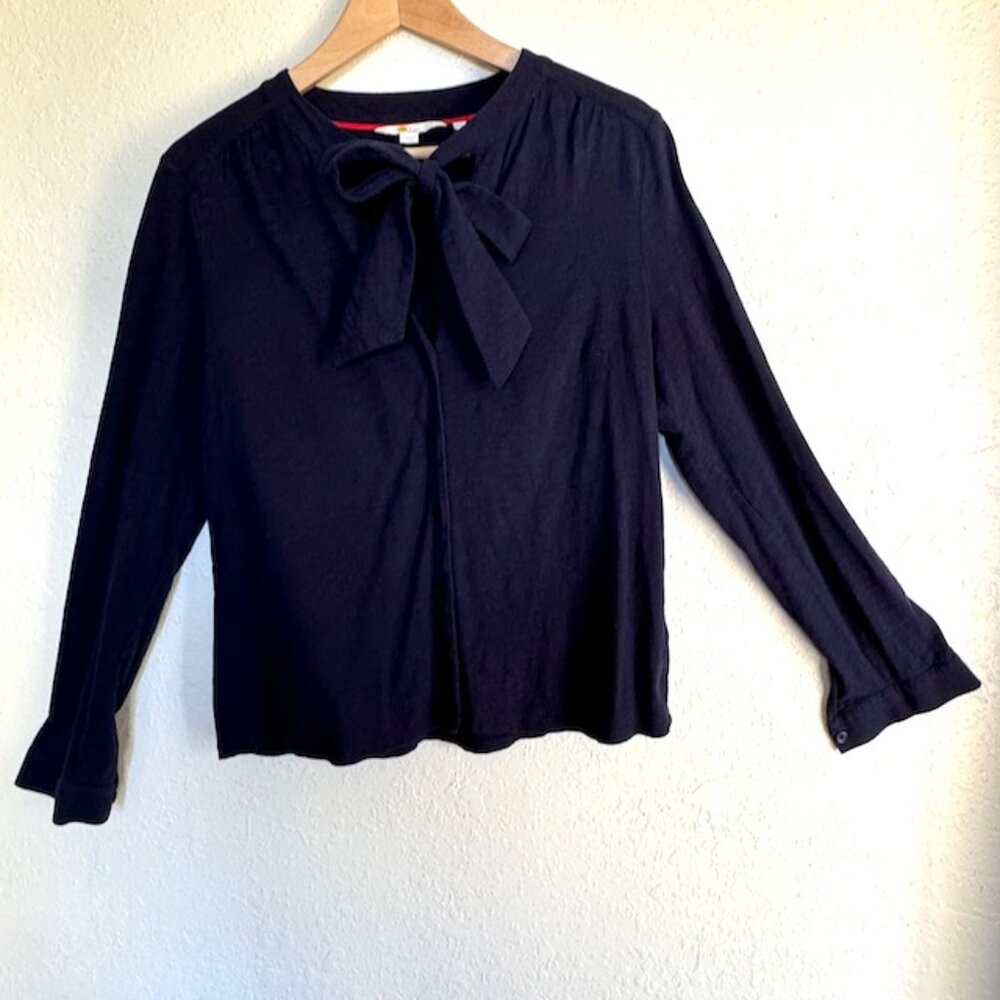 Boden Navy Blue Cotton Tie Neck Button Down Blouse
